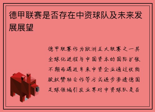 德甲联赛是否存在中资球队及未来发展展望