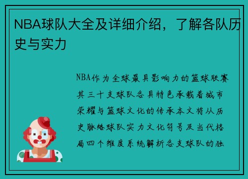 NBA球队大全及详细介绍，了解各队历史与实力