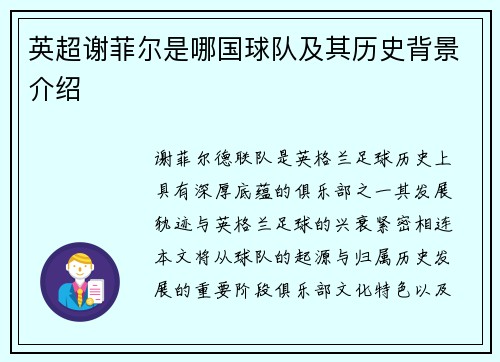 英超谢菲尔是哪国球队及其历史背景介绍