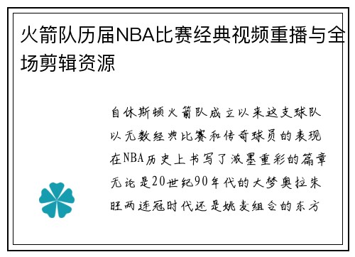 火箭队历届NBA比赛经典视频重播与全场剪辑资源